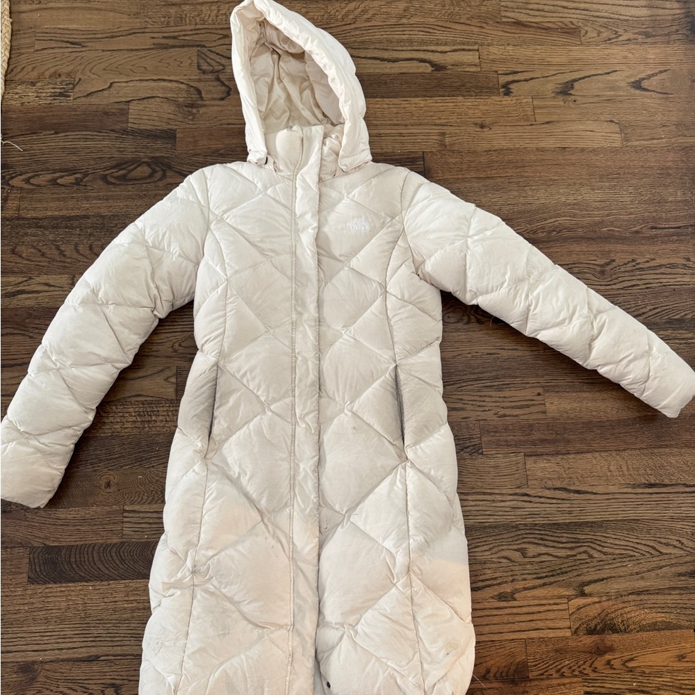 The North Face Long Hooded Puffer Coat in Light Cream